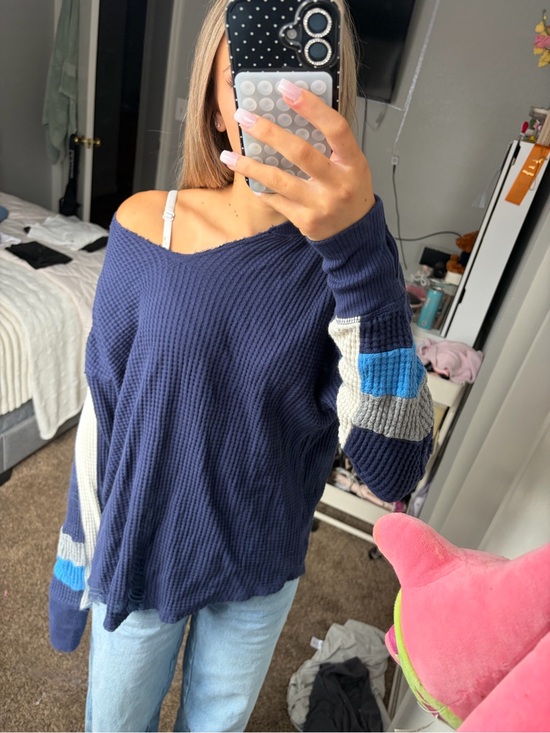 aerie Sweaters - aerie Navy Off-the-Shoulder Waffle Knit Sweater with Colorblock Sleeves